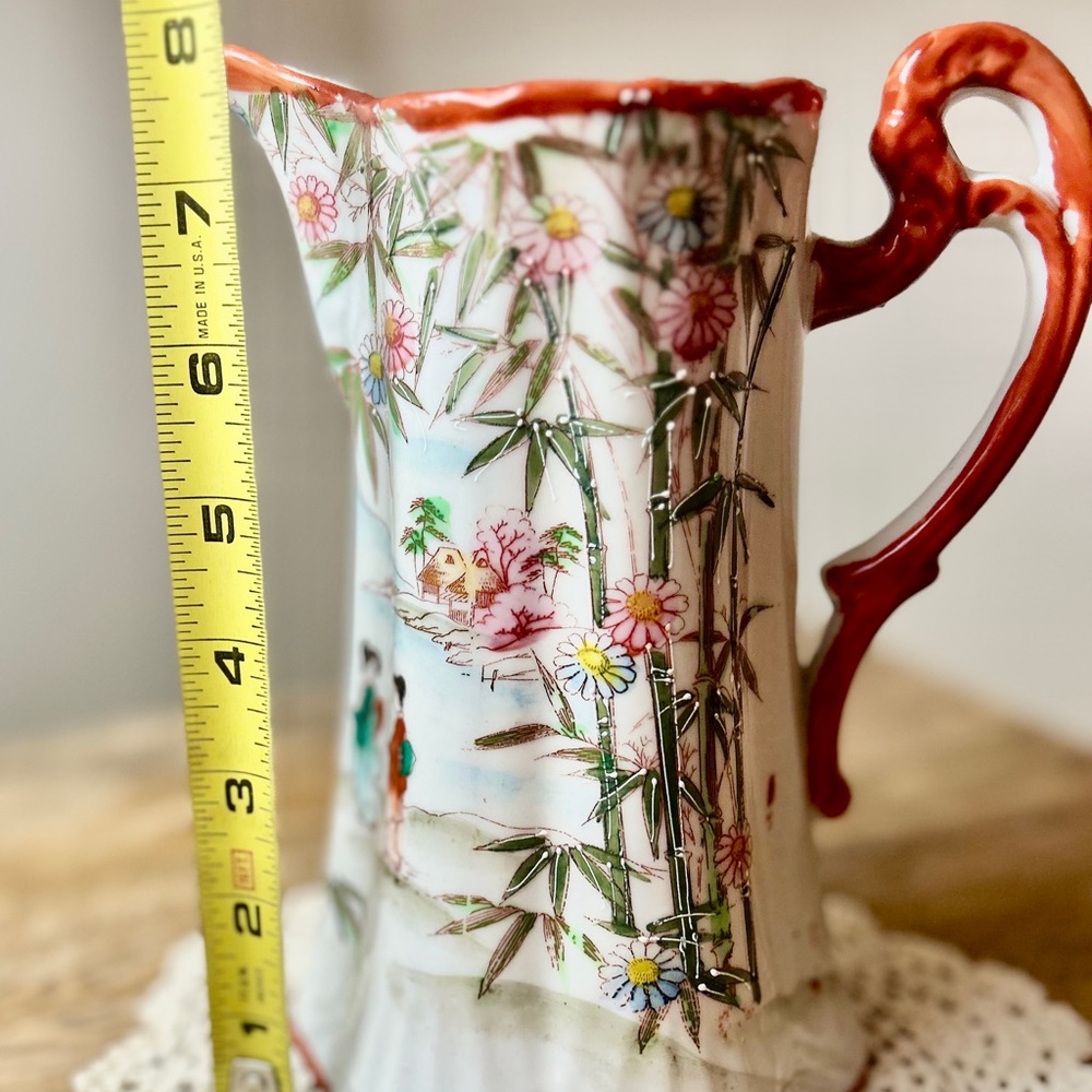 Vintage Floral Ceramic Pitcher with Red Handle - Picture 7 of 8